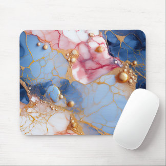 Blush & Sapphire Marble with Golden Pearls Mouse Mat