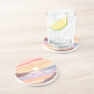 Blush Sea Sunset Beach Watercolor Painting Coaster