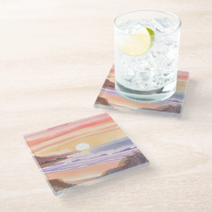 Blush Sea Sunset Beach Watercolor Painting Glass Coaster
