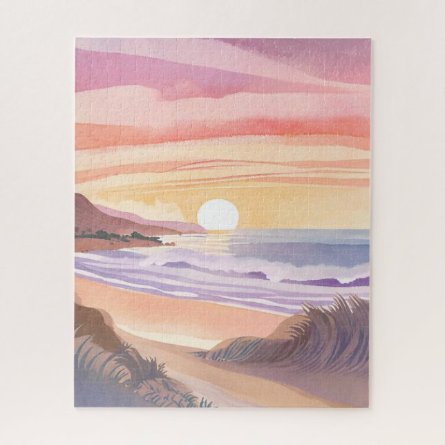 Blush Sea Sunset | Beach Watercolor Painting Jigsaw Puzzle (Vertical)