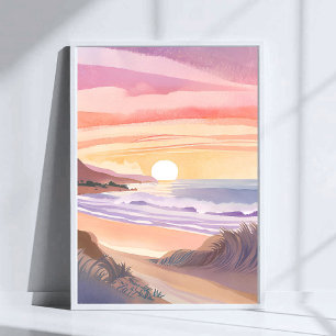 Blush Sea Sunset   Beach Watercolor Painting Poster