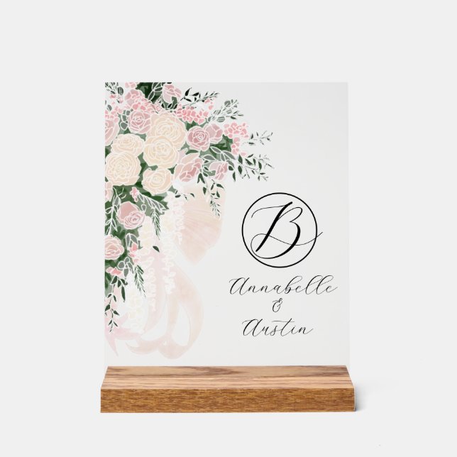 Blush Sheer Bow Rose Bouquet-Monogrammed Acrylic Sign (Front)
