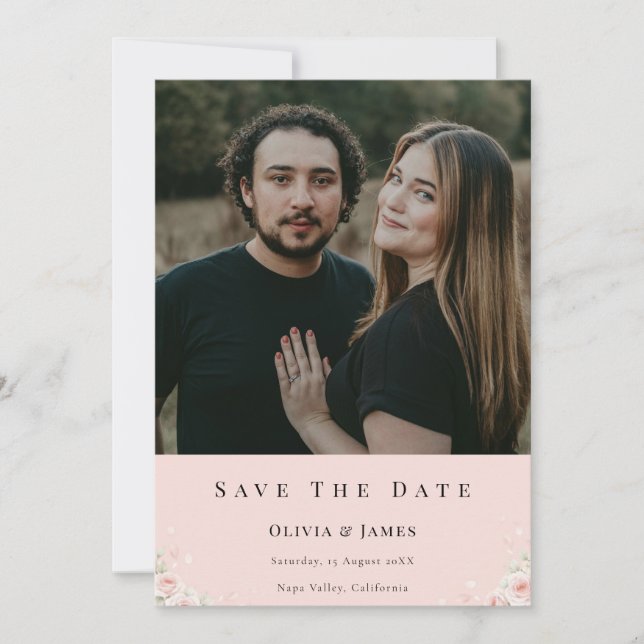 Blush Silk Pink Whispered Peta Photo Modern Floral Save The Date (Front)