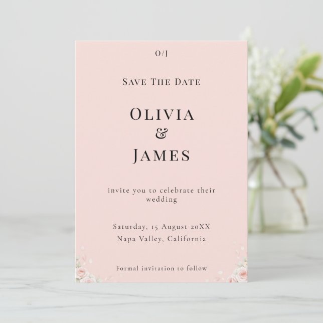 Blush Silk Pink Whispered Petals Modern Floral  Save The Date (Standing Front)