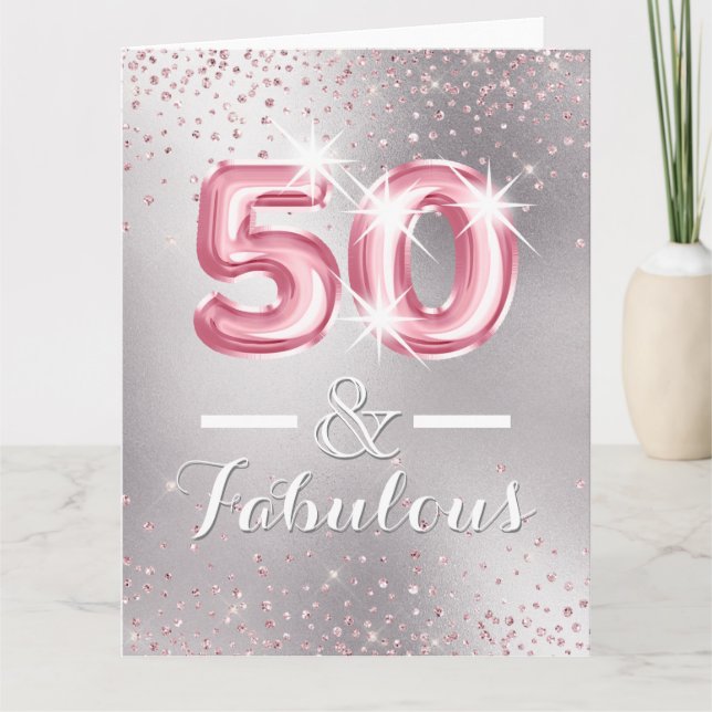 Blush silver 50th glitter shimmer foil letters  card (Front)