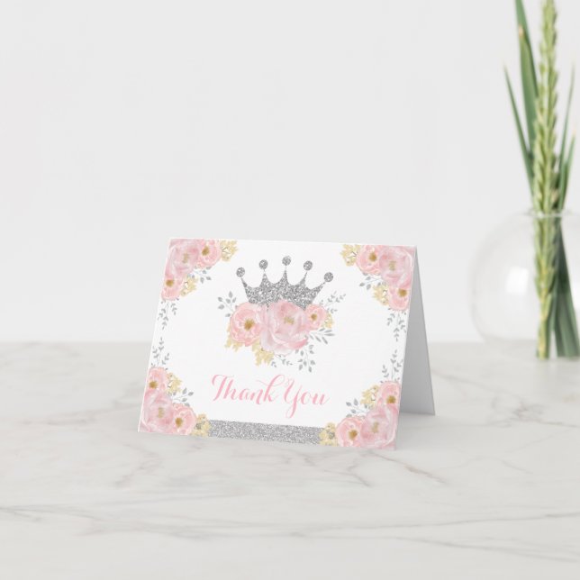 Blush Silver Crown Princess Birthday Baby Girl Thank You Card (Front)
