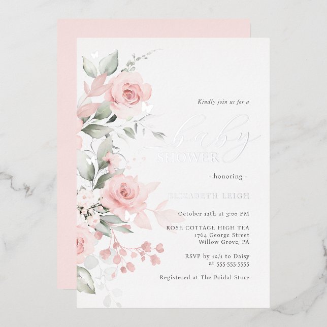 Blush Silver Floral Butterfly Baby Shower  (Front/Back)