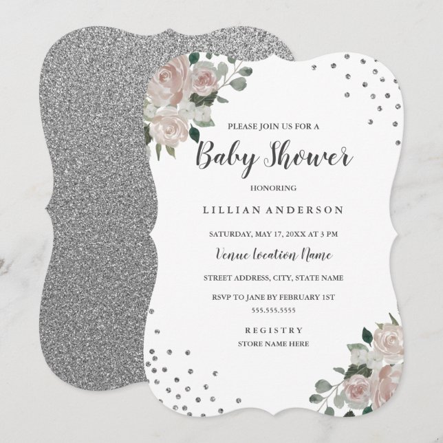 Blush Silver Floral Confetti Baby Shower Invite (Front/Back)
