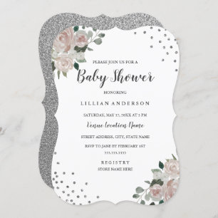 Blush Silver Floral Confetti Baby Shower Invite