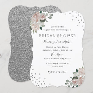 Blush Silver Floral Confetti Bridal Shower Invitation