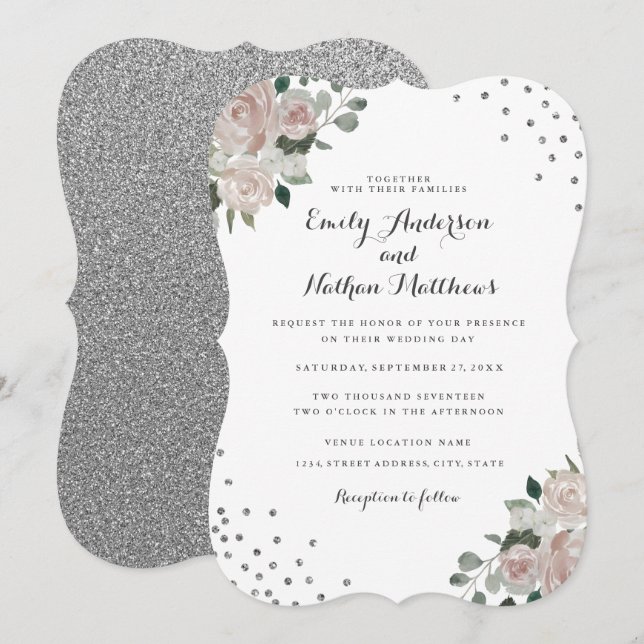 Blush Silver Floral Confetti Wedding Invitation (Front/Back)