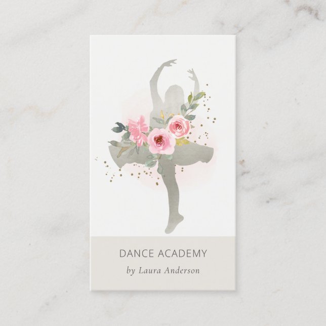 Blush Silver Floral Girl Dancer Dance Academy Logo Business Card (Front)
