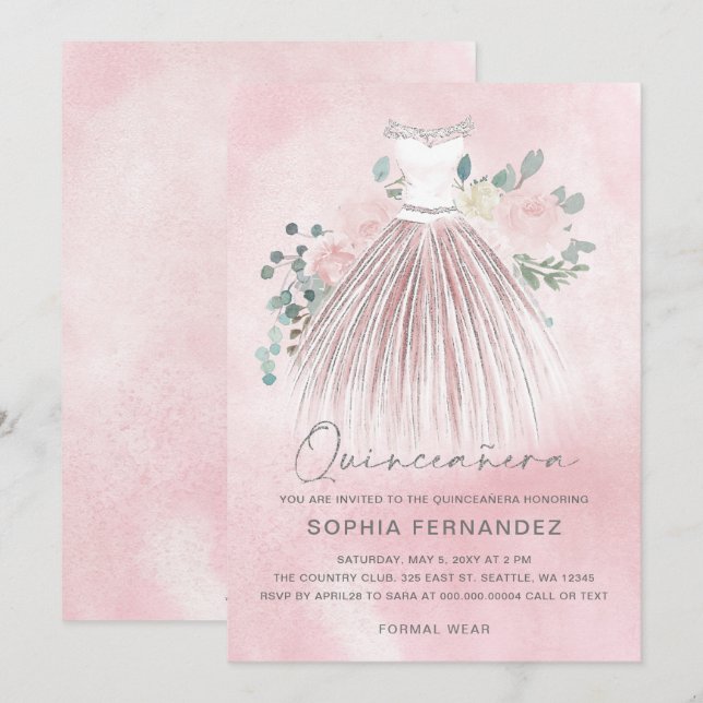 Blush Silver glitter Floral Dress Quinceañera Invitation (Front/Back)