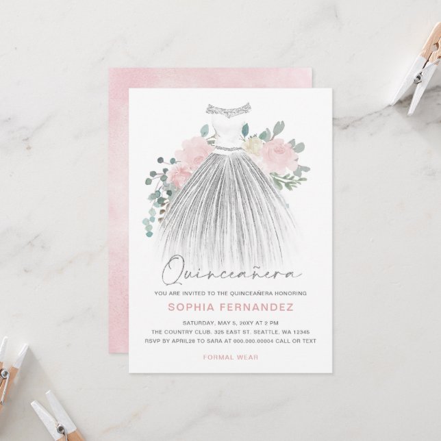 Blush Silver glitter Floral Dress Quinceañera Invitation (Front/Back In Situ)
