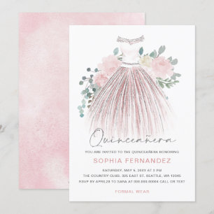 Blush Silver glitter Floral Dress Quinceañera Invitation