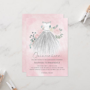 Blush Silver glitter Floral Dress Quinceañera Invitation
