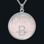 Blush Silver glitter monogram name Sterling Silver Necklace<br><div class="desc">Girly, trendy and monogrammed. A feminine blush pink background decorated with rose gold and faux silver glitter drips. Personalise and add a name and monogram letter. Grey and rose gold coloured letters. The name is written with a modern hand lettered style script with swashes. To keep the swashes only delete...</div>