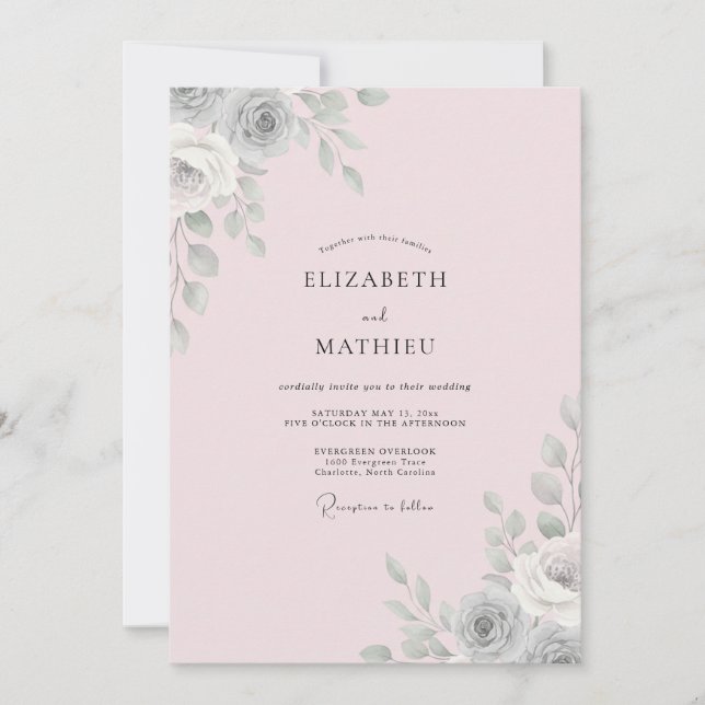 Blush Silver Leaf Wedding Invitation (Front)