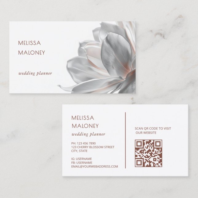Blush Silver Magnolia White QR Code Business Card (Front/Back)
