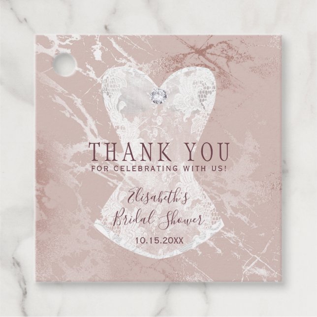 Blush silver marble white corset bridal shower favour tags (Front)