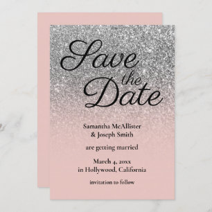 Blush Silver Ombre Glitter Save the Date Invitation