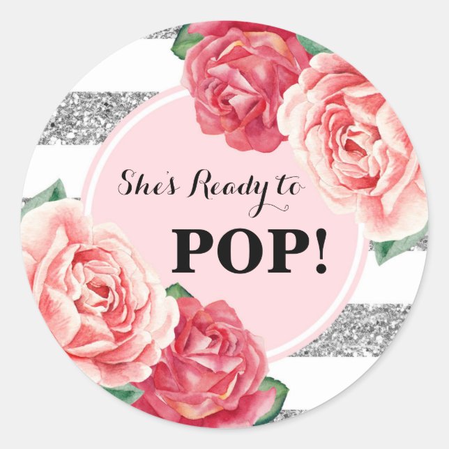 Blush Silver Pink Floral Baby Shower Ready to Pop Classic Round Sticker (Front)
