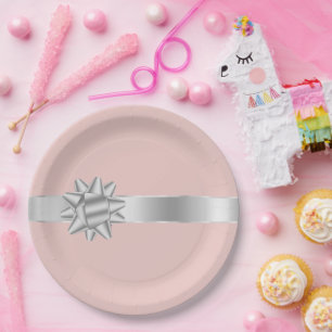 Blush Silver Ribbon Bow Birthday Paper Plate