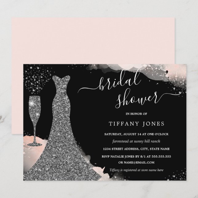 Blush Silver Sparkle Dress Bridal Shower  Invitation (Front/Back)