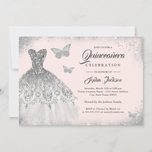 Blush Silver Sparkle Dress Butterfly Quinceanera Invitation (Front)