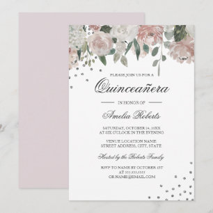 Blush Silver Watercolor Floral Quinceanera Invitation