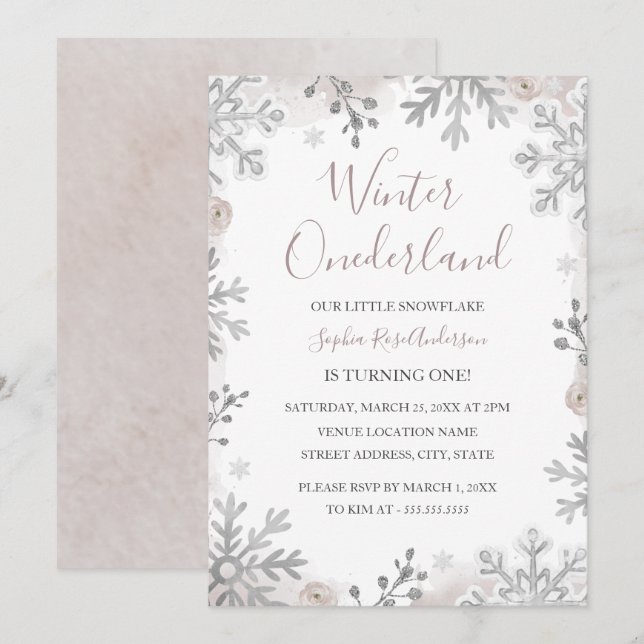 Blush Silver Winter Onederland 1st Birthday  Invitation (Front/Back)