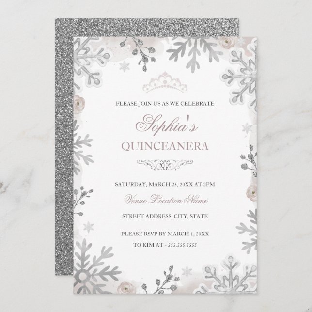 Blush Silver Winter Wonderland Quinceanera Invitation (Front/Back)