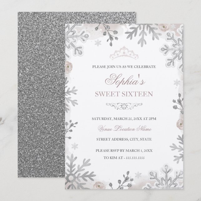 Blush Silver Winter Wonderland Sweet 16th Birthday Invitation (Front/Back)