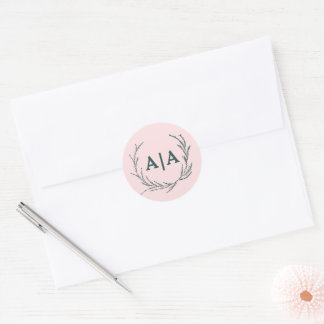 Blush & Slate Grey Subtle Floral Monogram Classic Round Sticker