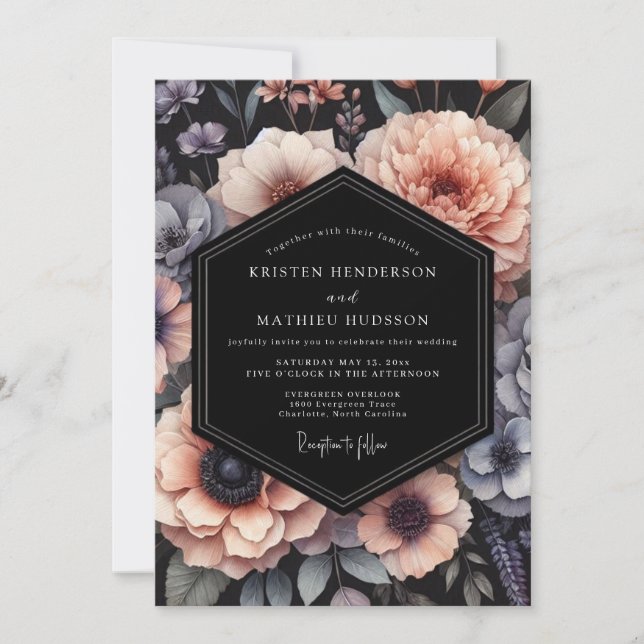Blush & Slate Moody Floral Wedding Invitation (Front)