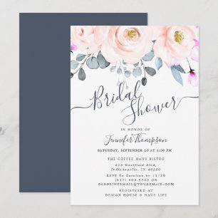 Blush & Smoky Navy Watercolor Floral Bridal Shower Invitation