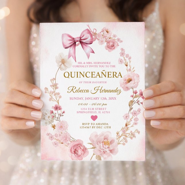Blush Soft Pink Bow Quinceañera Invitation (Creator Uploaded)