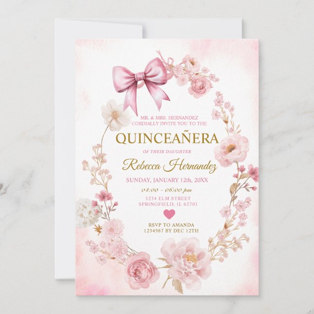 Blush Soft Pink Bow Quinceañera Invitation (Front)