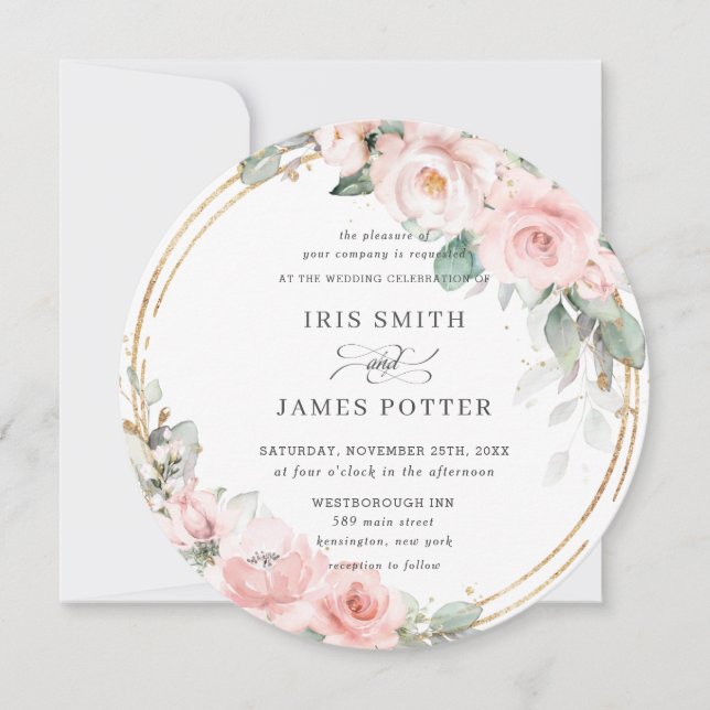 Blush Soft Pink Floral Gold Greenery Round Wedding Invitation (Front)