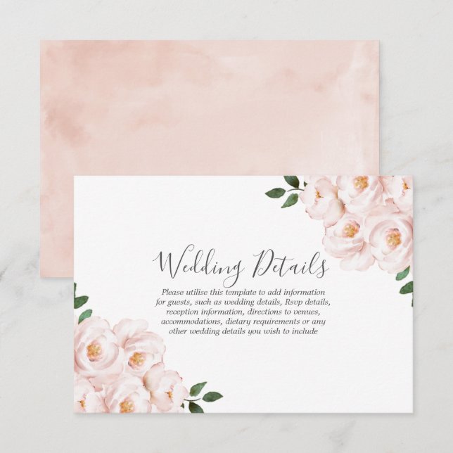 Blush Soft Pink Flowers Watercolor Wedding Details Invitation (Front/Back)