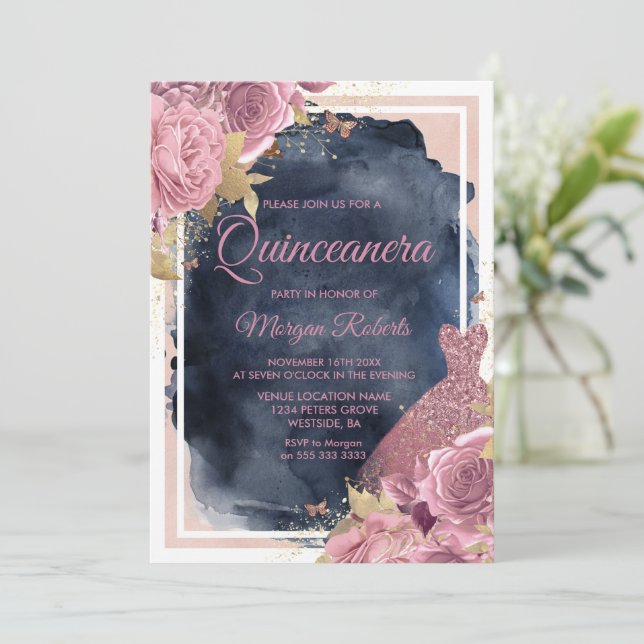 Blush Sparkle Dress & Floral Navy Quinceanera Invitation (Standing Front)