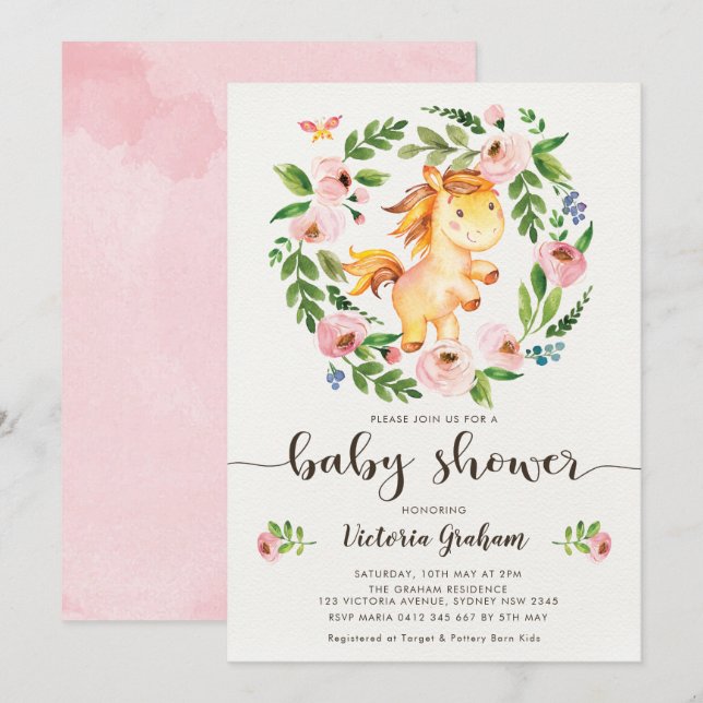 Blush Spring Floral Horse Girl Baby Shower Invitation (Front/Back)
