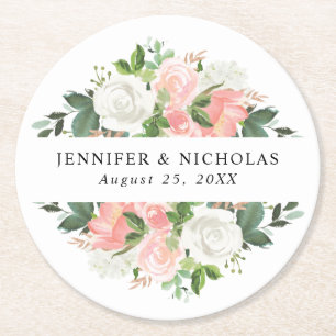 Blush Spring Floral   Personalised Wedding Round Paper Coaster