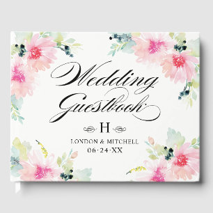 Blush Spring Floral Watercolor Wedding Monogram Guest Book