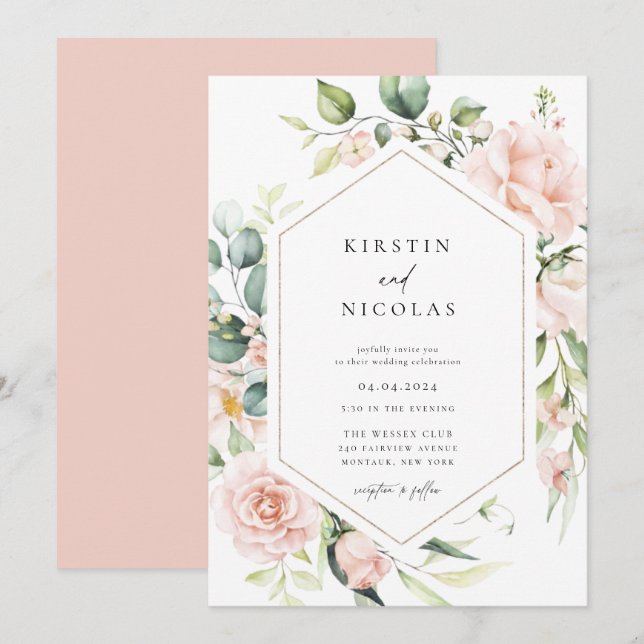Blush Spring Floral Wedding Invitation (Front/Back)