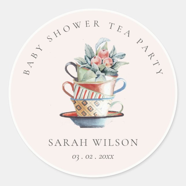 Blush Stacked Cups Floral Baby Shower Tea Party Classic Round Sticker (Front)