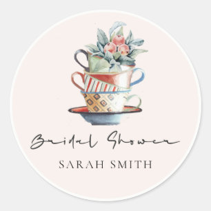Blush Stacked Cups Floral Bridal Shower Tea Party Classic Round Sticker