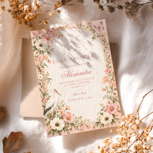 Blush Stork Baby in Bloom Baby Shower Invitation