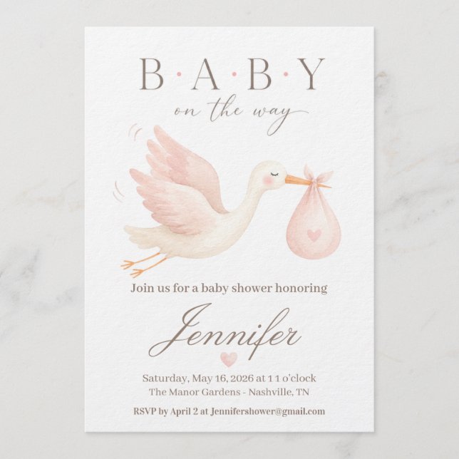 Blush Stork Baby Shower Invitation (Front)