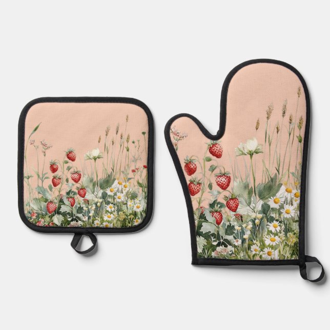 Blush Strawberries Daisy Flowers Oven Mitt & Pot Holder Set (Front)